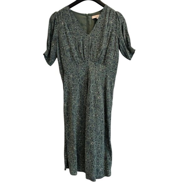 LOFT Green‎ Paisley Midi Dress Petite 0P V Neck Puff Sleeves Zip Back - Picture 1 of 4
